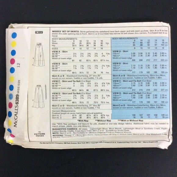 Vintage 1978 McCalls 6389 Sewing Pattern Misses Full Skirts Size 12 Uncut - Picture 2 of 4